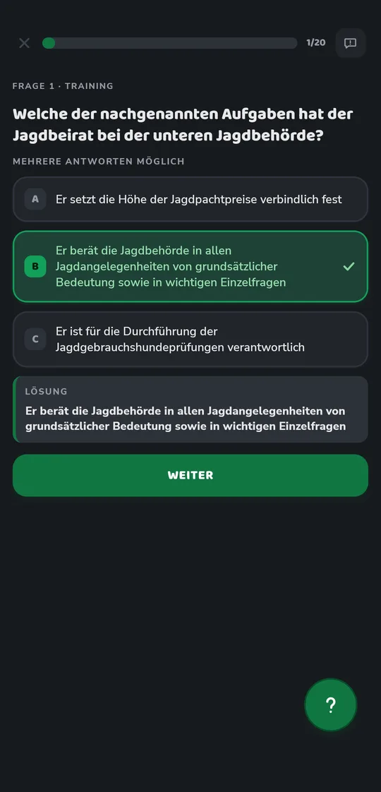 Amtliche Prüfungsfrage zum Jagdbeirat, Frage 1 von 20, richtig beantwortet und mit ausgeschriebener Lösung.